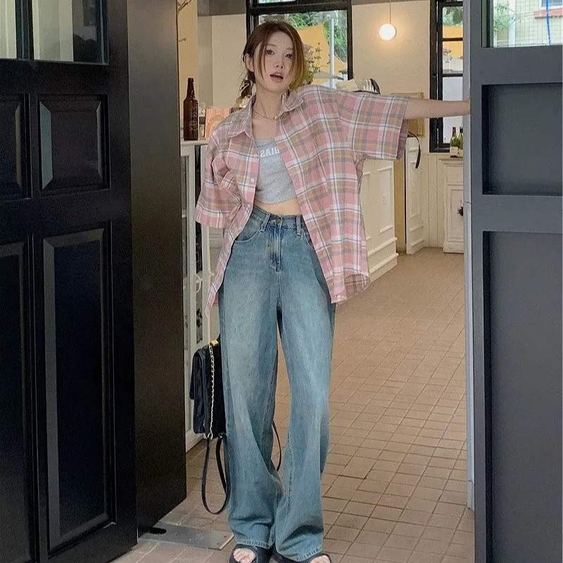 American Retro Pink Plaid Shirt Women's Summer Senior Design Sense Small Casual Short-Sleeved Shirt Specification drawing