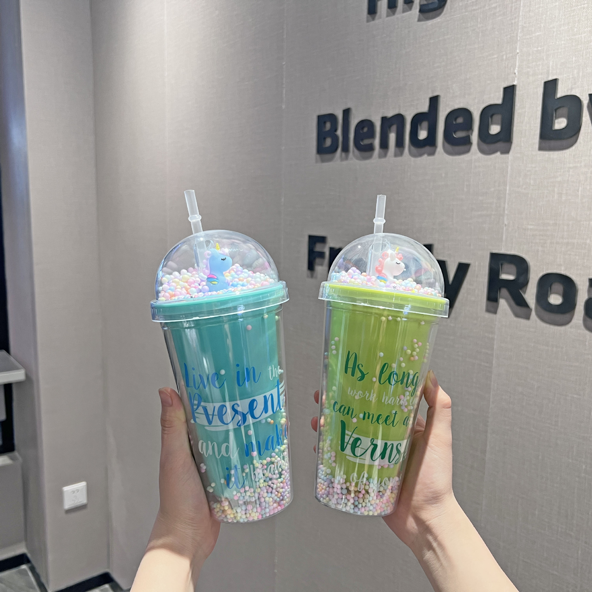 网红夏日碎冰杯观景卡通双层塑料杯批发大容量便携吸管杯奶茶杯子