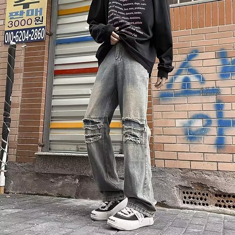 Slightly flared soft jeans for men, spring and summer with holes, stylish washed American retro casual long pants for teenagers and students Specification image