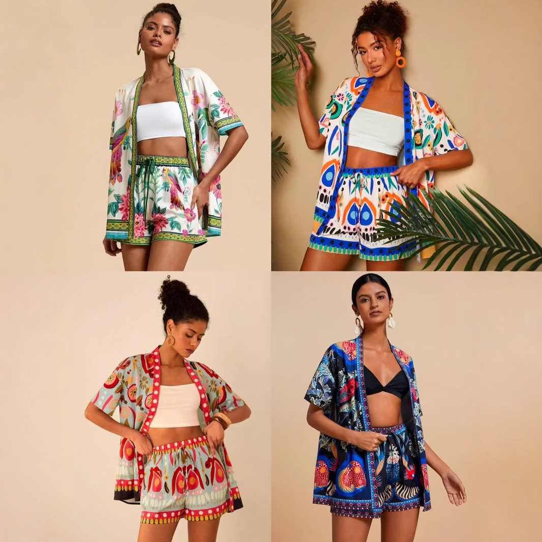 2025 European and American summer New Fashion Casual printed cardigan short-sleeved shorts set full figure