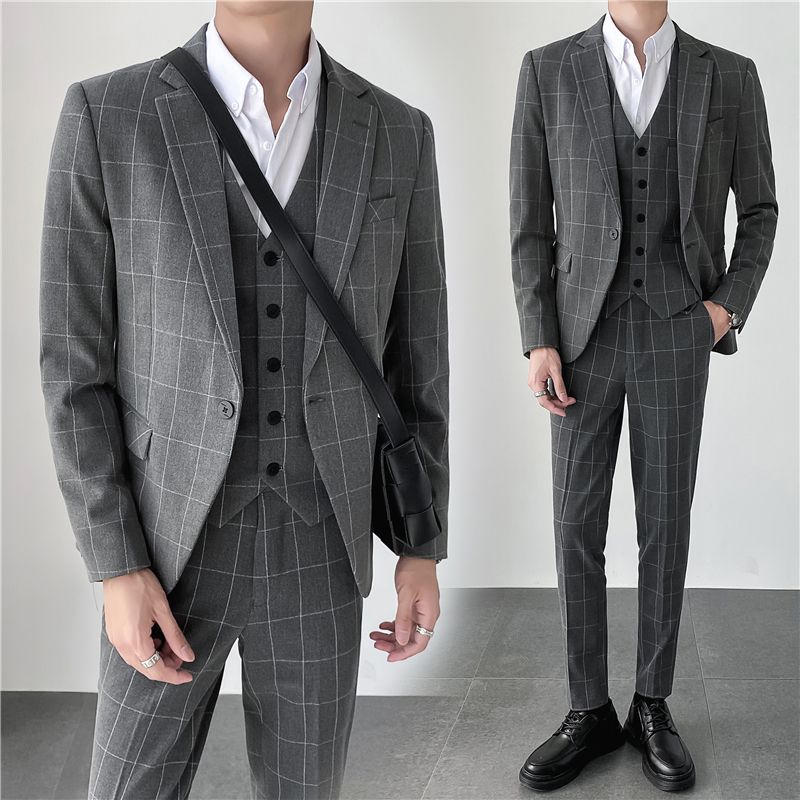 Autumn and winter ins light mature style Korean slim-fit casual plaid men's suit three-piece set Application Scenario