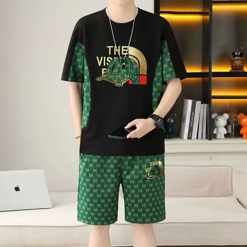 European men's summer short-sleeved T-shirt casual set, a trendy brand 2024 new men's shorts set for matching