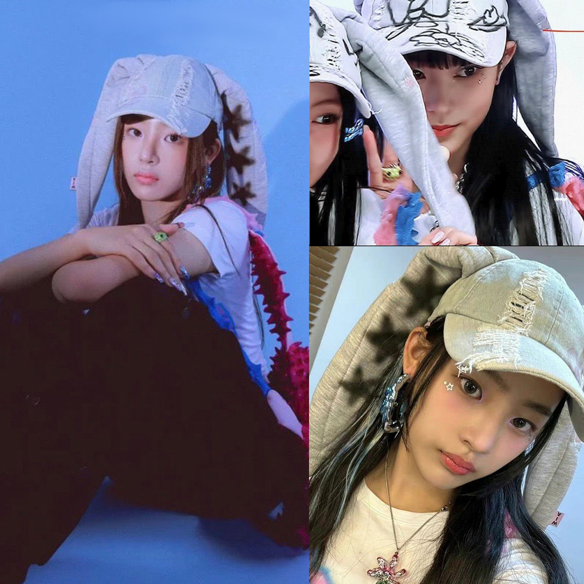Coreano newjeans el mismo estilo conejo oreja pato tongue cowboy graffiti chica de la calle baile hip hop béisbol gorra details Picture