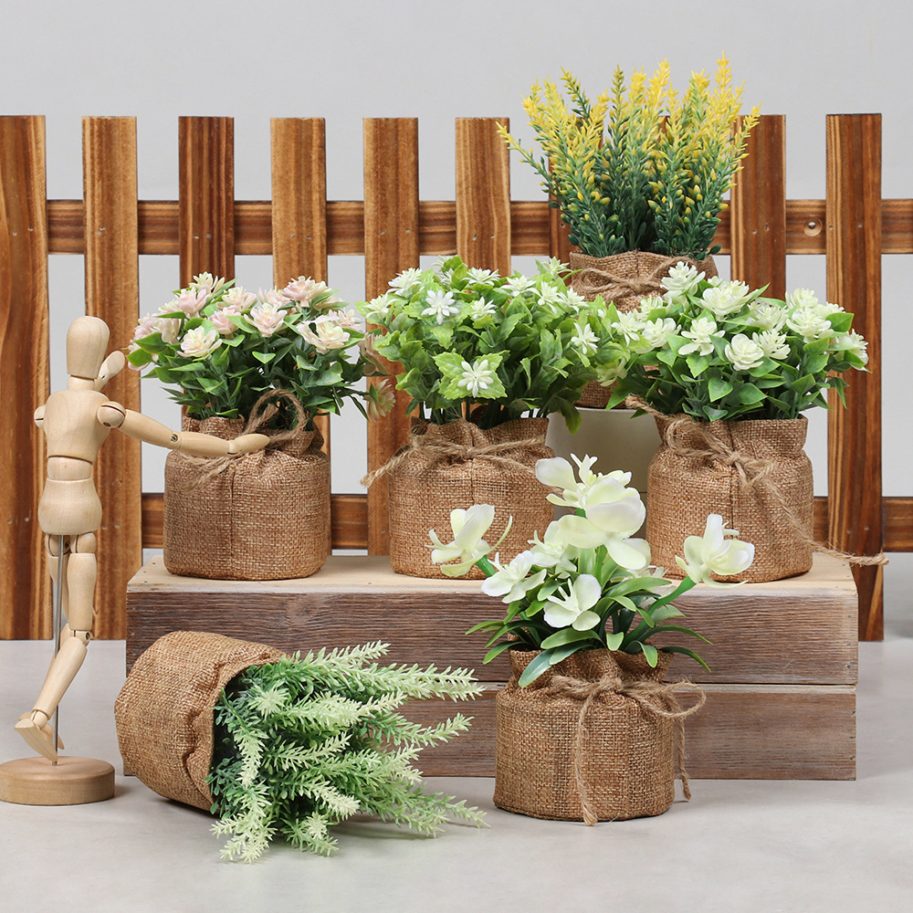 Amazon hemp rope bag combination, artificial potted plants, home decoration, desktop display, artificial flowers, artificial plants, small potted plants Specification image