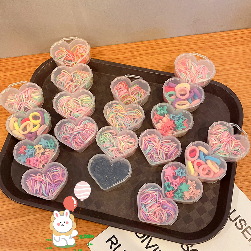Heart-shaped box set of cartoon flower grappling clips, macaron-colored high-elasticity disposable rubber bands, children's hair clips, hair ties and hair accessories details Picture