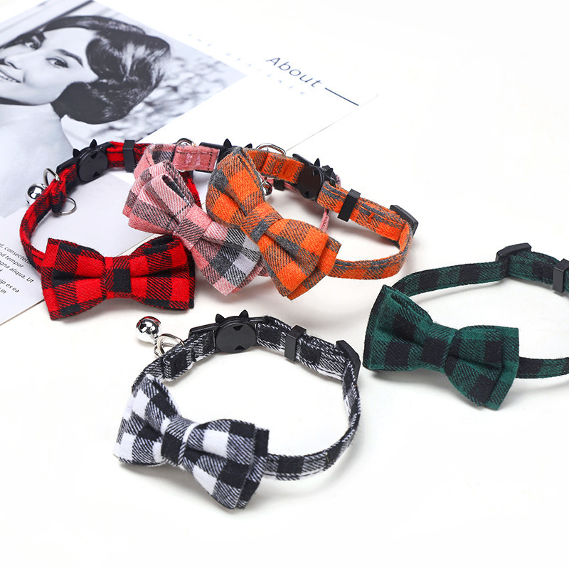 Fabricante recto para mascotas campanas collar de perro plaid cloth bow patch cloth cat head insert depot cat collar Specification image