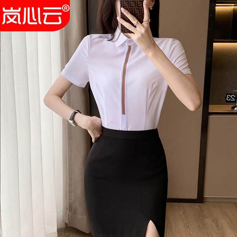 春夏季新款2023职业女装韩版通勤时尚OL修身纯色短袖白领办公衬衣