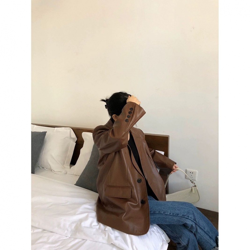 New Spring/Autumn 2024 Korean-style loose retro brown leather pu suit, loose casual suit jacket for women Application Scenario