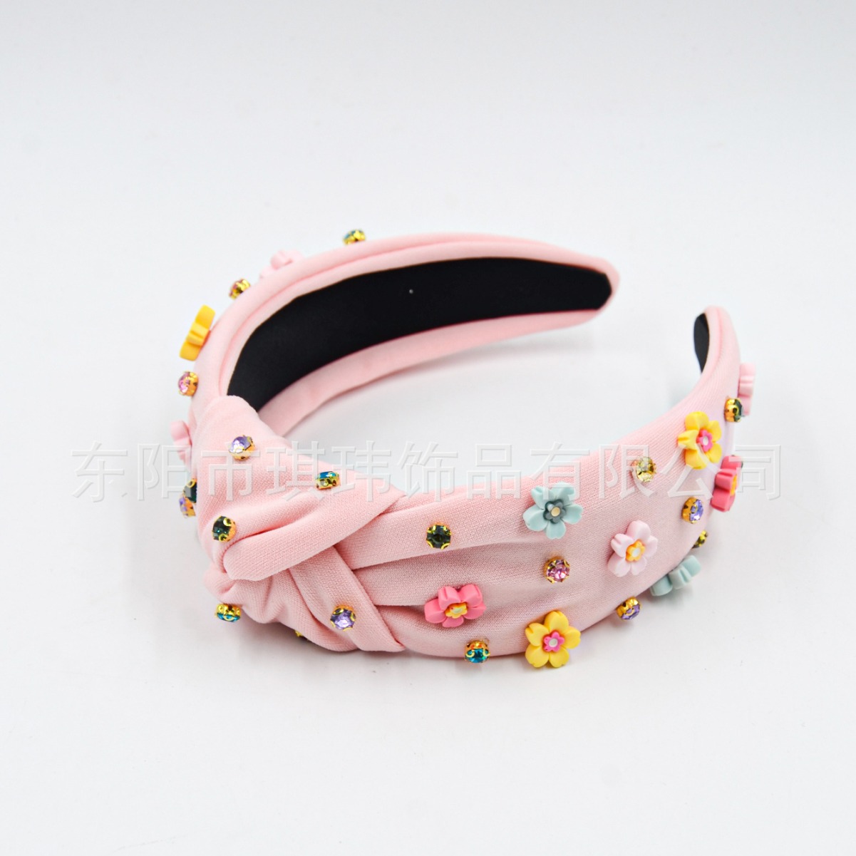 Qiwei Accessories' exclusive cross-border new summer solid-color fabric knotted and stuck small flower mixed color diamond wide edge fashionable and fresh hair band for women Specification image