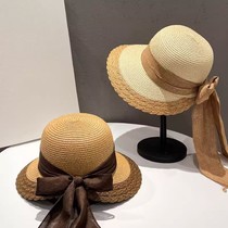 Spring/summer large eaves lace silk satin bow fisherman hat women simple travel sun sun sun sunshade straw hat