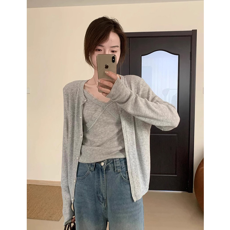 Dongguan Dalang Autumn New Women's knitted cardigan halter set, stylish sweater, versatile two-piece top Application Scenario