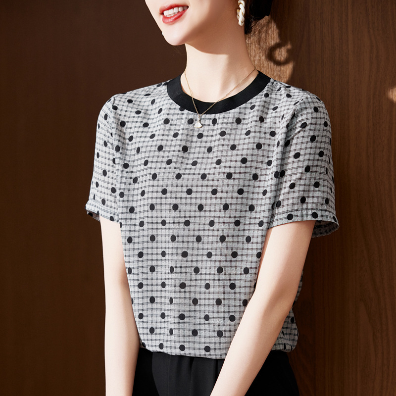 真丝短袖T恤女波点印花2025新款夏季时尚圆领双绉桑蚕丝小衫上衣
