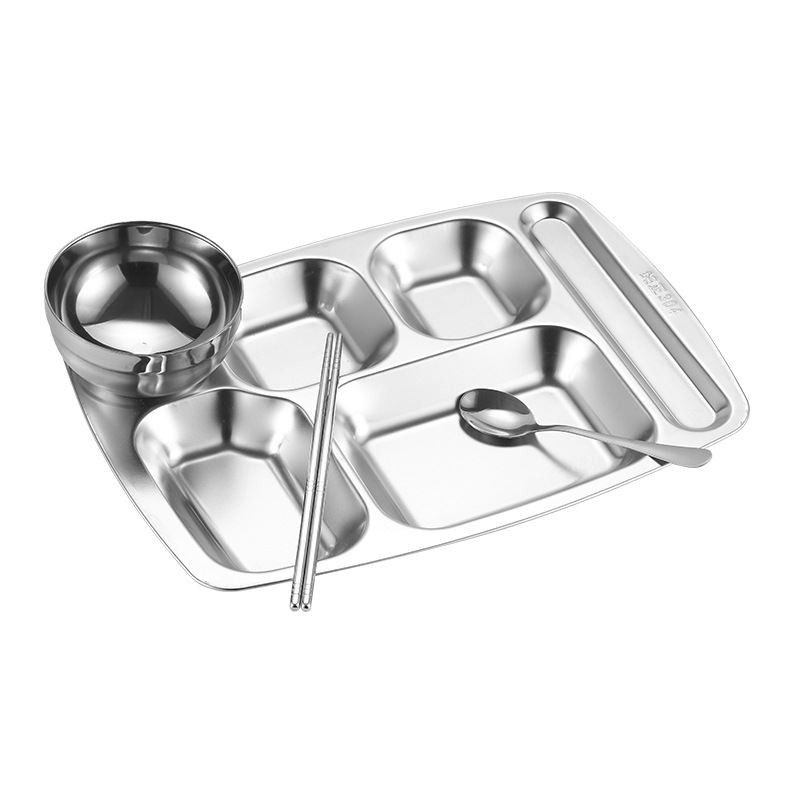 304 stainless steel plates, Chinese children's fast food plates for canteens, adult vegetable plates, thickened square compartments for students Item Picture