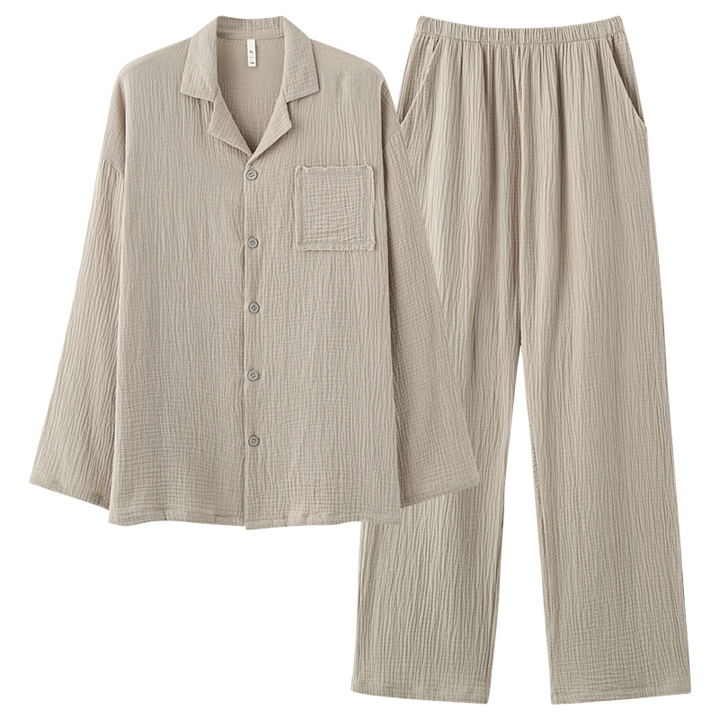 【 Class A Double-layer Yarn 】 Autumn couple pajamas, pure cotton yarn loose woven all-cotton home wear for men and women Item Picture