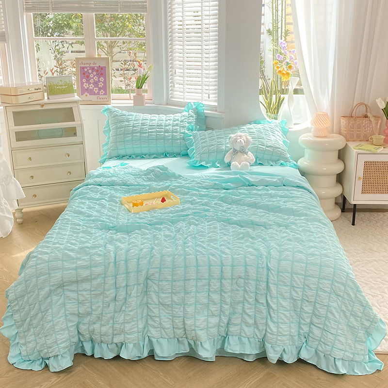 Simple style bubble gauze summer quilt four-piece set, high-end solid color washed cotton bed sheet, bed skirt, quilt cover, dormitory three-piece set Specification image