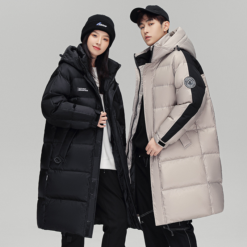 2022 new winter couple's wear: Mid-length down jacket, casual solid color thickened white duck down warm hooded jacket details Picture