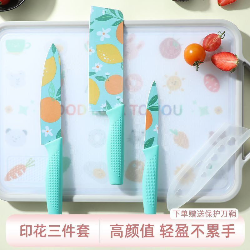 Printed orange stainless steel knife with blue handle, thickened and sharp kitchen tools for cutting vegetables and slicing, gift set full image