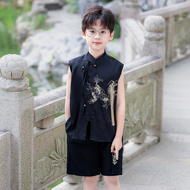 National trend boys' Hanfu set, national style embroidered magua vest, new Chinese-style children's hosting performance costume, flower boy's first birthday dress Specification image