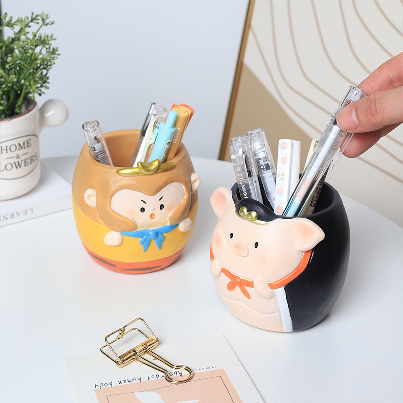 Cartoon resin student stationery storage pen container crafts creative funny office desktop Journey to the West flower pot decoration full figure
