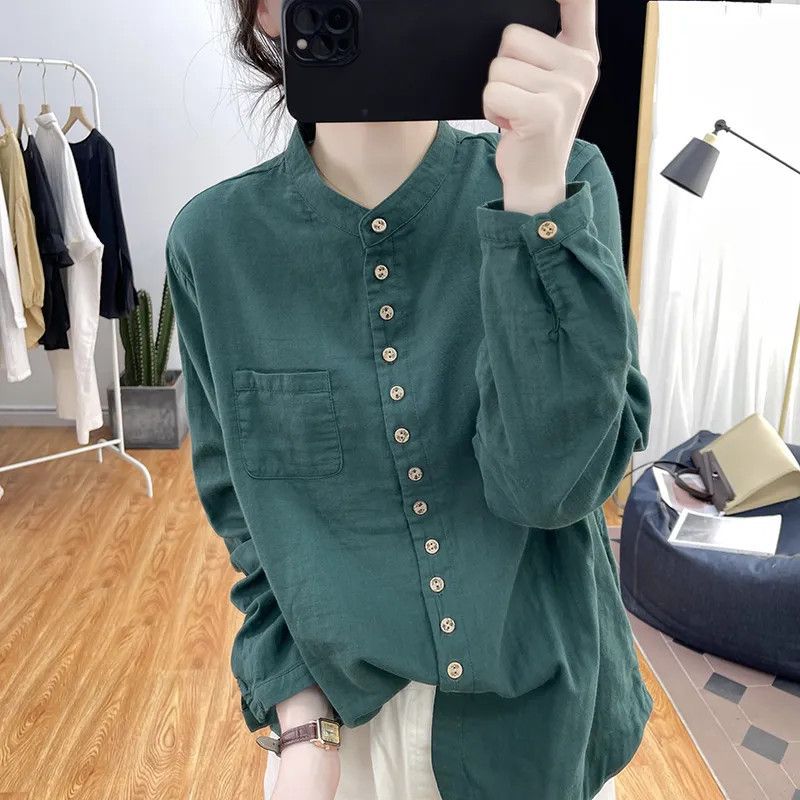Stand-up collar pure cotton long-sleeved shirt for women, spring Korean artistic retro top, commuter base layer, loose shirt details Picture