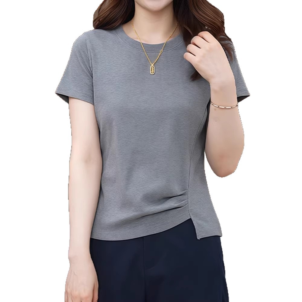 Cotton waist-cinching irregular grey short-sleeved T-shirt for women 2026 summer new style, a stylish short top paired with a skirt Item Picture