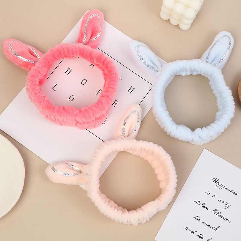 Japan And South Korea Sweet And Cute Glitter Rabbit Ears Design Plush Headband Net Red Girl Heart Face Makeup Headband details Picture