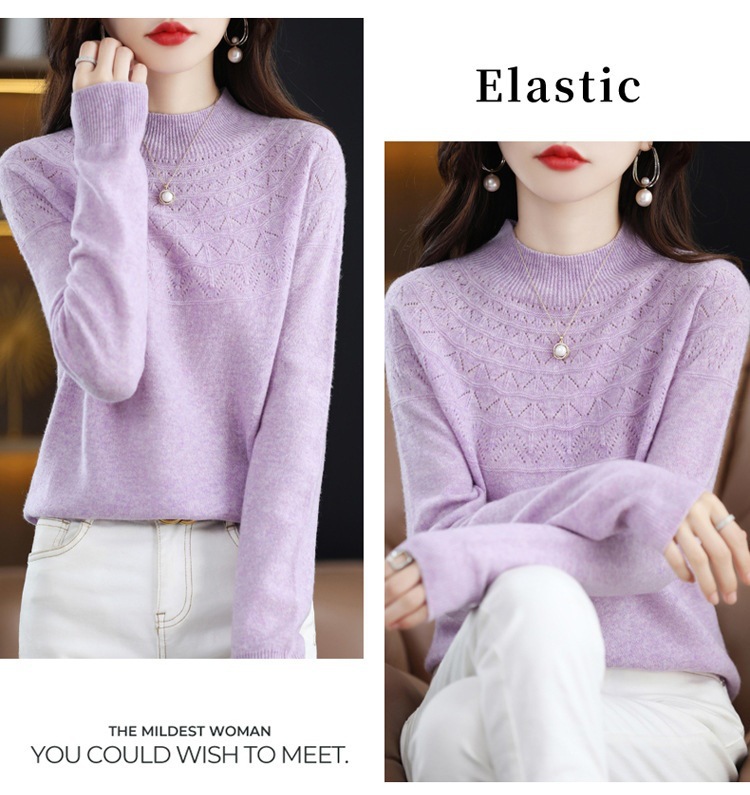 Autumn and winter semi-high neck hollowed-out 100 wool one-line seamless wool sweater, jacquard fashionable pullover sweater base layer pic 30