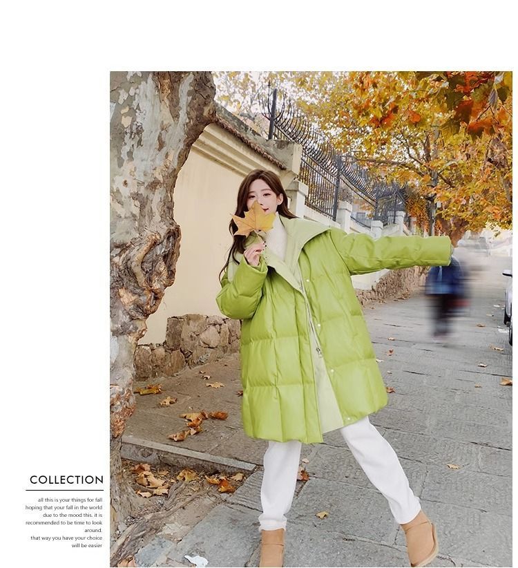 Aguacate verde pato blanco abajo PU piel abajo chaqueta para mujeres estilo mediano largo diseño de nicho sentido influencers estilo explosivo abrigo sin lavado pic 20