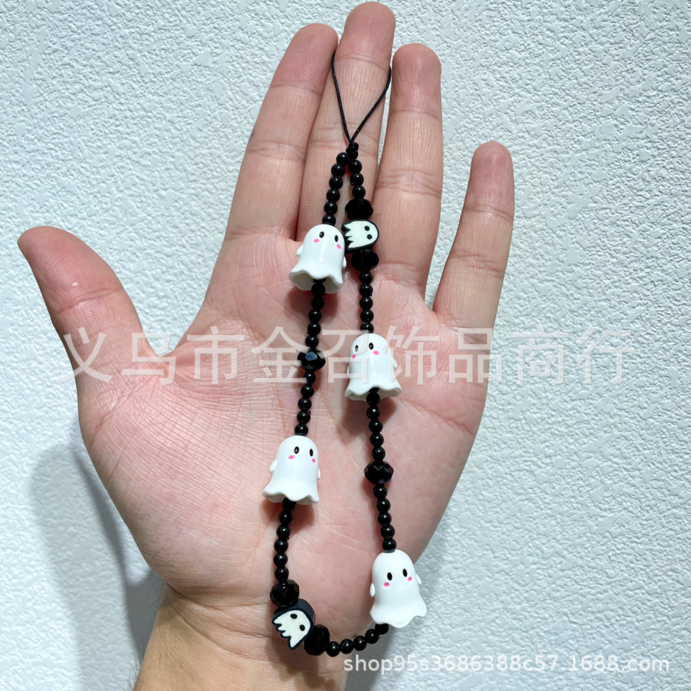 新款万圣节小幽灵串珠手机链 铃铛骷颅头手机挂饰ins防丢手机挂件