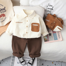 2024 spring new boys' corduroy lapel shirt long sleeve suit boys' baby casual pants two-piece set trend