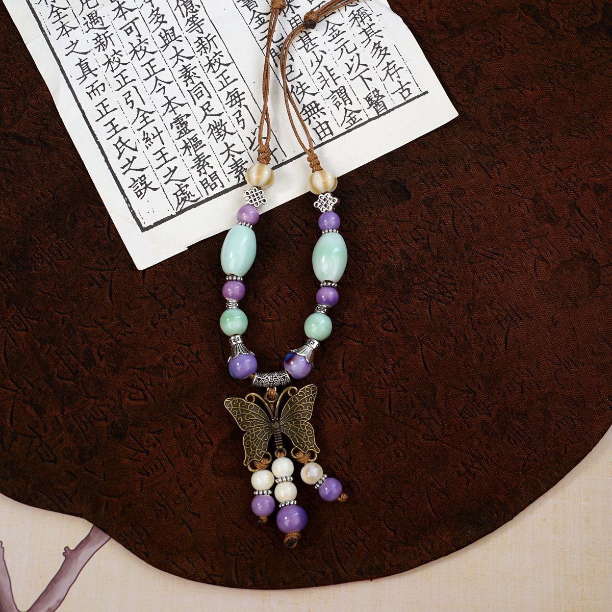 New Chinese-style long ceramic beaded necklace, women's ethnic style Zen-inspired woven sweater chain, cross-border versatile collarbone chain trend Specification image