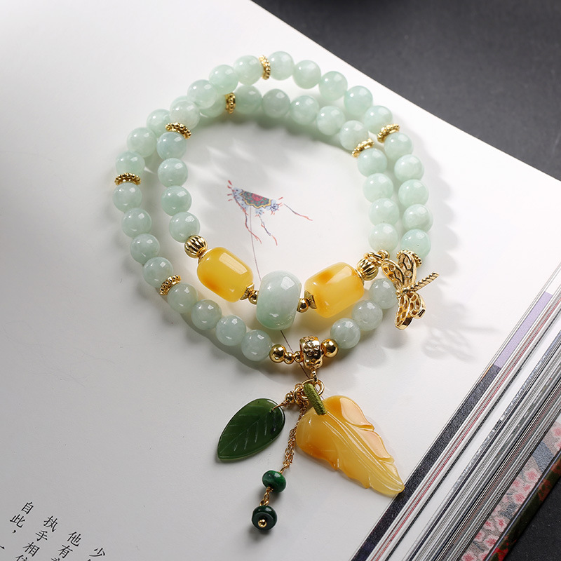 Natural double-layer jade bracelet, beeswax jade mixed and matched multi-circle bracelet, hanging jade leaf dragonfly women's style, sent on behalf details Picture