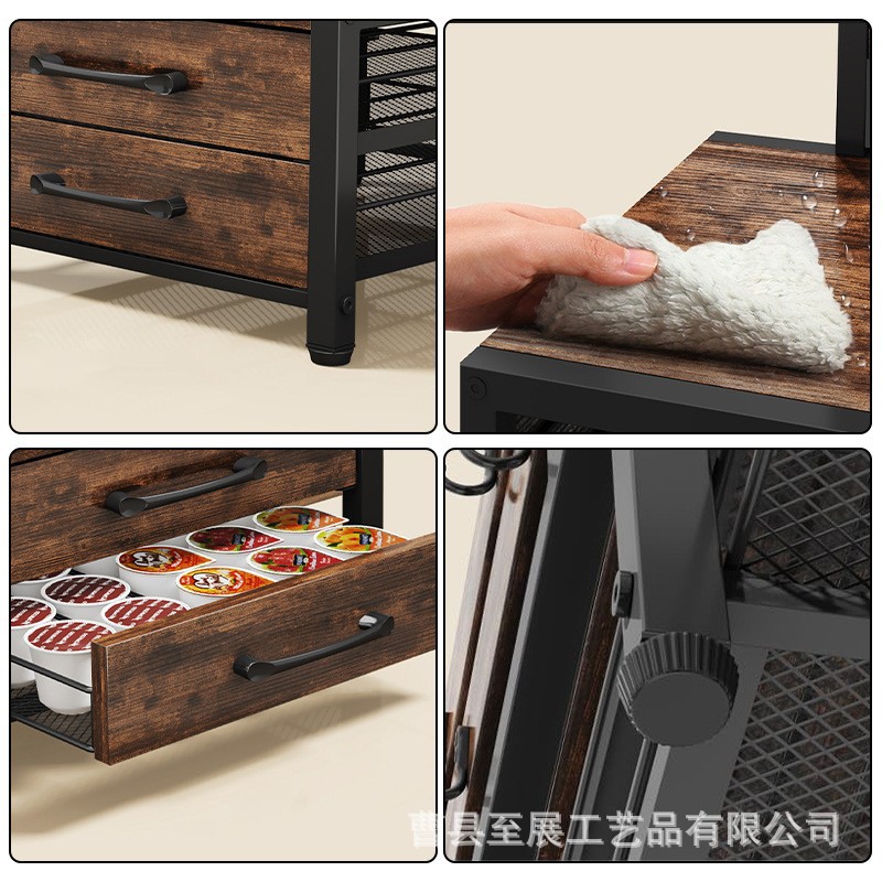 Hierro y madera combinados con café extraíble cápsula rack de almacenamiento con ganchos laterales tazas home coffee maker rack details Picture