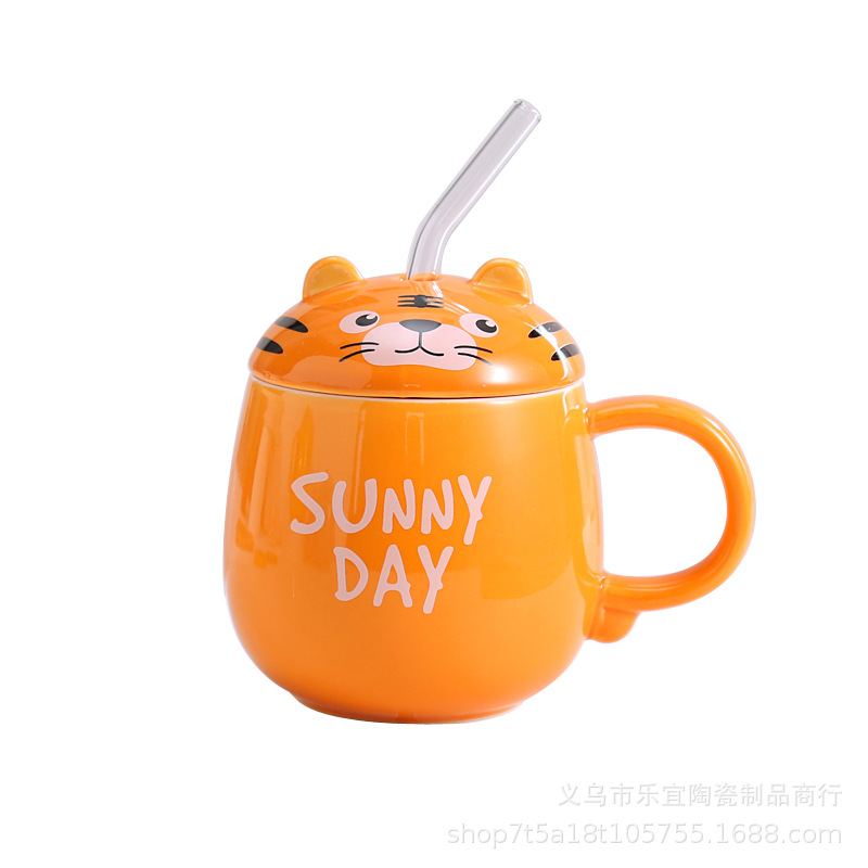 Creative Mug Little Tiger Round Cute Ceramic Cup Personality Girl Drink Cup With Hand Gift Straw Item Picture