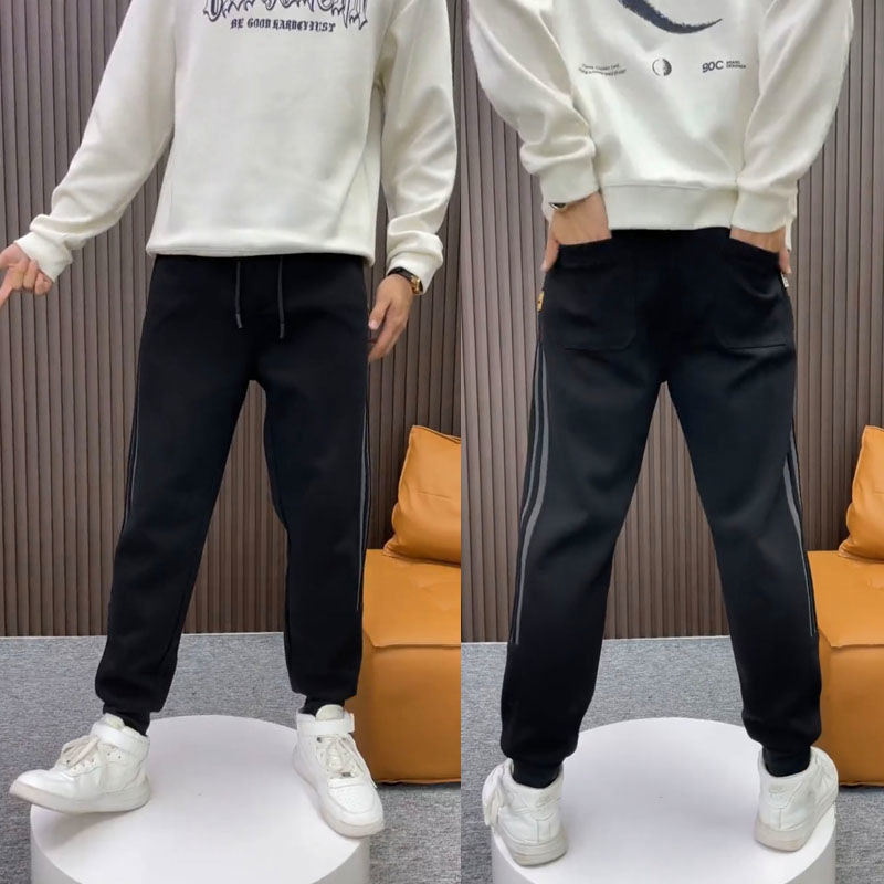 Men's 2024 autumn and winter sweatpants with fleece and thickened cuffs, three-bar casual sweatpants, loose Harem pants, and tight-fitting men's pants details Picture