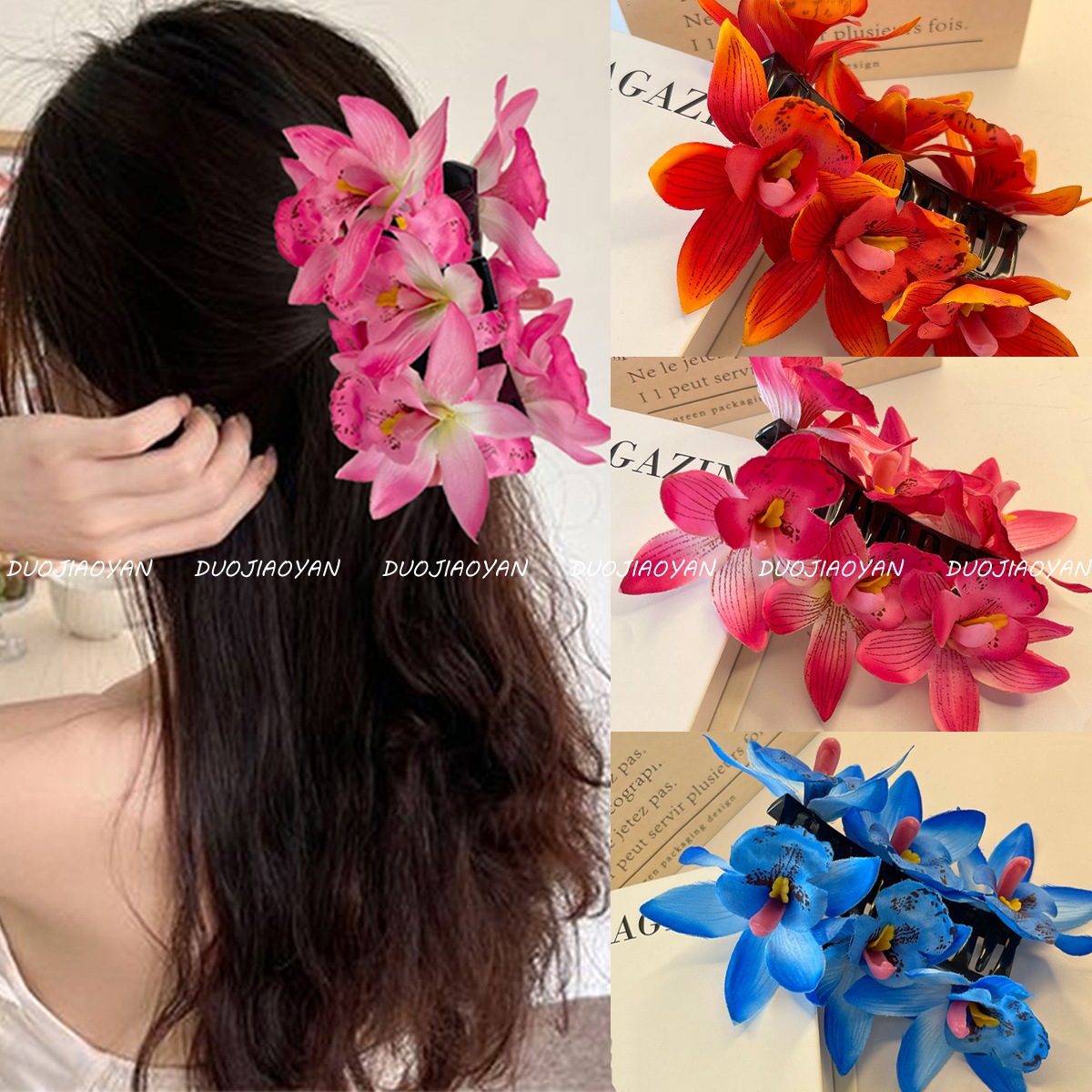 The new best-selling ivory blue grab-clip faux fabric flower hair accessory exudes a high-end atmosphere and is a shark clip accessory for women full figure
