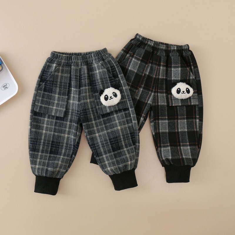 儿童冬装裤子2024新款男童加绒加厚格子长裤冬季宝宝百搭棉裤批发