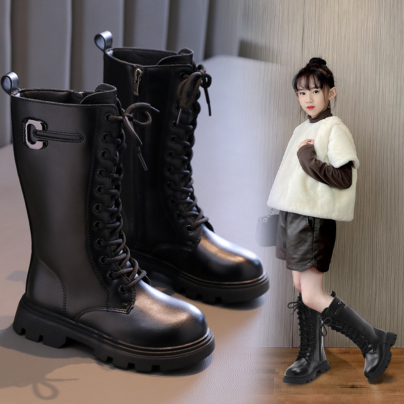女童加绒靴子2024新款高筒棉靴公主靴小女孩长靴中大童洋气马丁靴