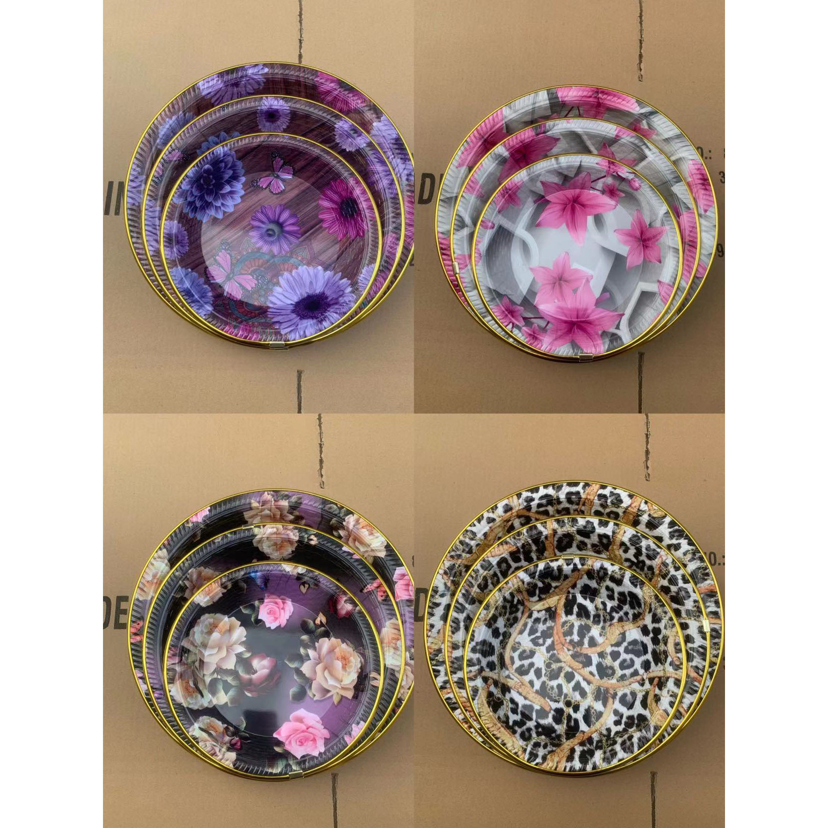 新款圆形水果/包金边水果盘/多种图案花纸产品图