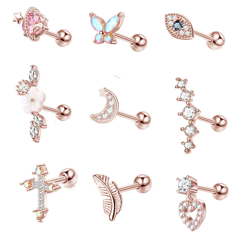 New cross-border best-selling stainless steel ear bone studs, 16G flower stud studs, twist ball zircon stud studs, European and American piercing accessories Application Scenario