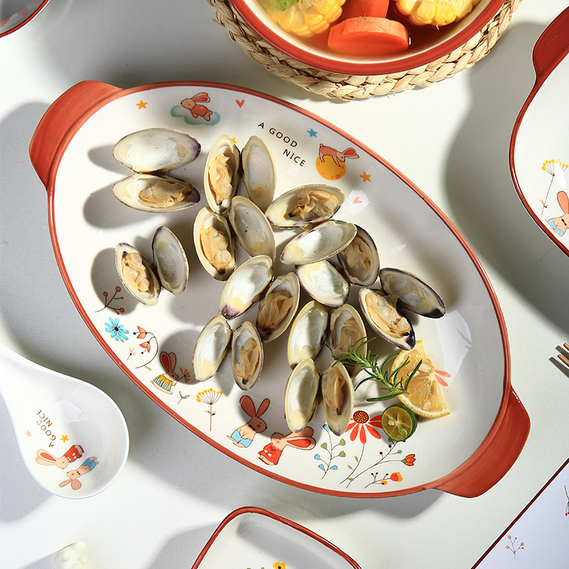 Set of tableware, light luxury Chinese-style home creative ceramic soup bowls, plates, vegetable plates, rice bowls, double-ear one-person meals, cute rabbits for the whole family Application Scenario