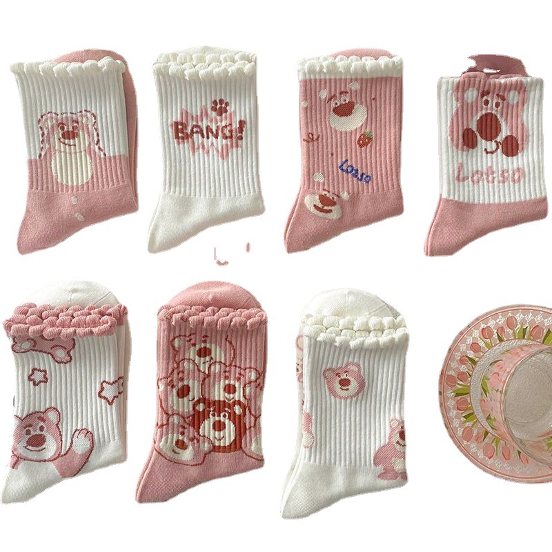 Women's mid-calf pink cartoon socks, school-style cute lace socks, sweet and versatile bear socks Item Picture