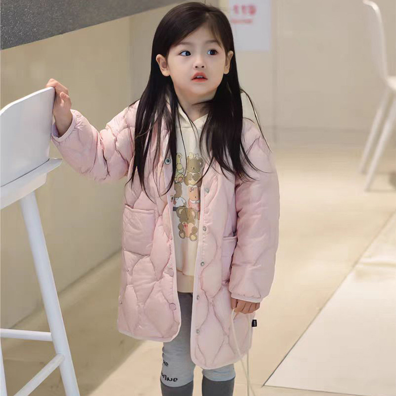 女童百搭轻薄仿羽绒服2024秋季新款儿童韩系洋气纯色长短款外套潮