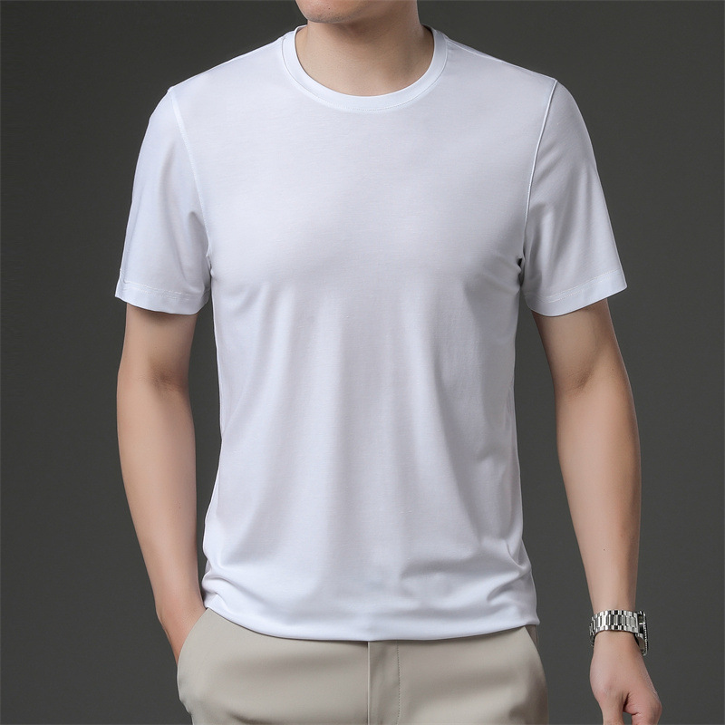 Mulberry silk short-sleeved T-shirt for men and young people in summer, new round neck ice silk solid color half-sleeved casual loose sweatshirt Specification image