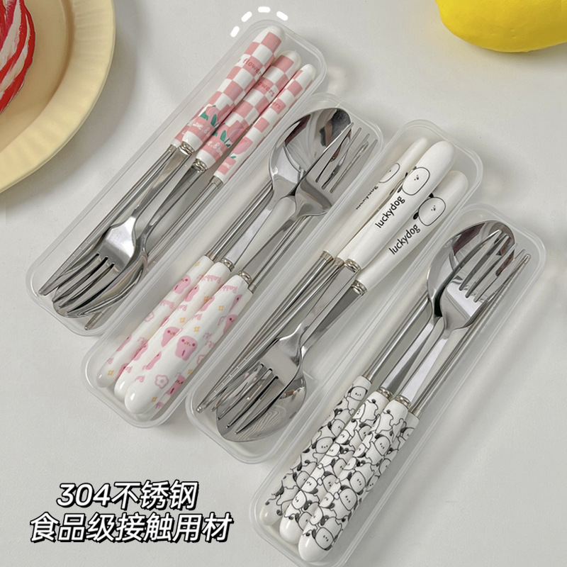 Chopsticks Spoon Set One Person With Fork Tableware Portable Chopsticks Single Set Cute Stainless Steel Tableware Chopsticks Spoon Set details Picture