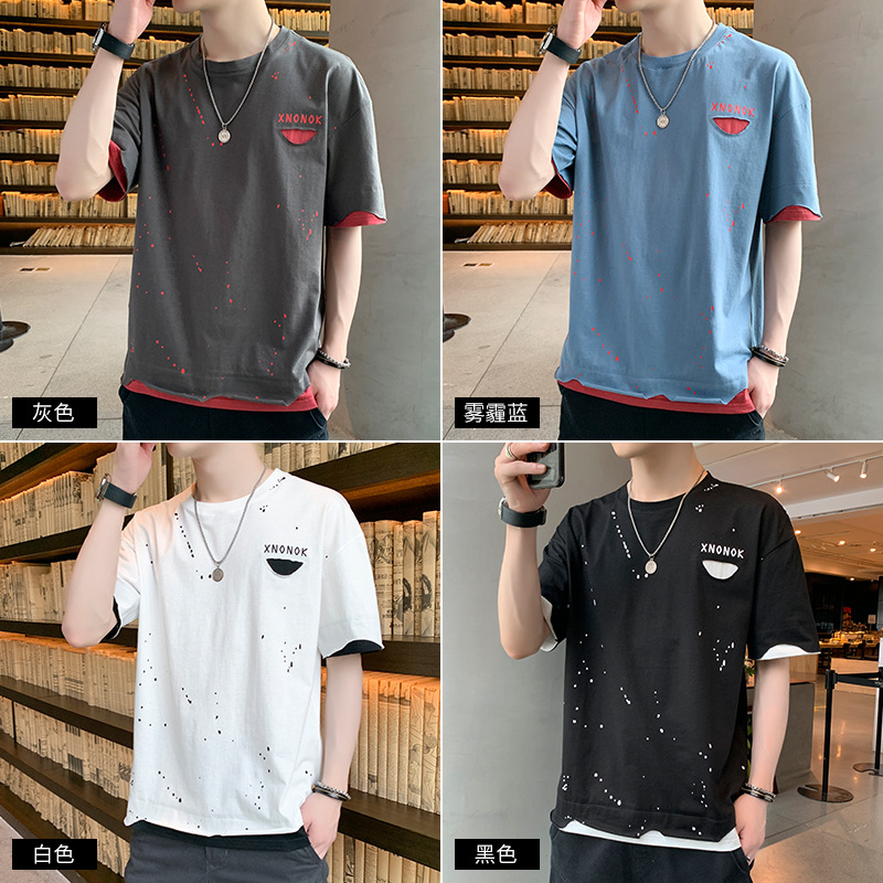 Summer Instagram Hong Kong style refreshing men's outfit Fake two short-sleeved T-shirts, trendy and trendy brand perforated ink-wash loose T-shirts Item Picture