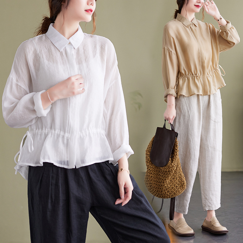 Early autumn fashion casual coat: Cotton solid color loose long-sleeved thin coat, design sense irregular tie shirt for women