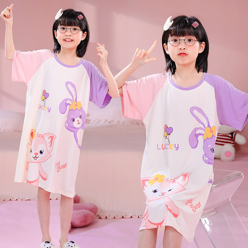 Children's nightgown summer girls short-sleeved cute cartoon children's pajama dress for older kids to wear outside air-conditioned clothes for summer Application Scenario