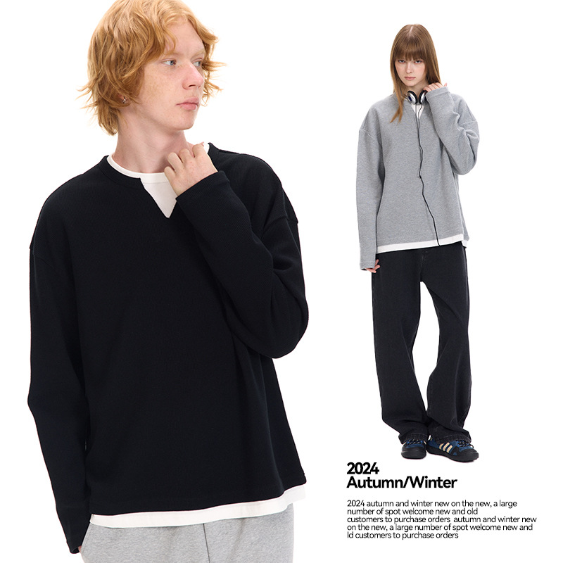 UNF's new autumn and winter collection of niche American fake two-piece Waffle solid color long-sleeved T-shirts, 320G round-neck knitted sweaters for men and women Application Scenario