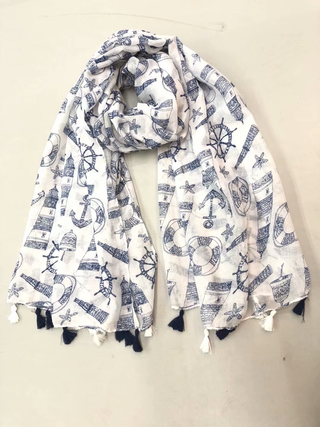 Gift Box Spring And Autumn Fringe Scarf Spot Jade Woman Long Scarf Navy Element Anchor Pattern Silk Scarf With Shawl Specification drawing